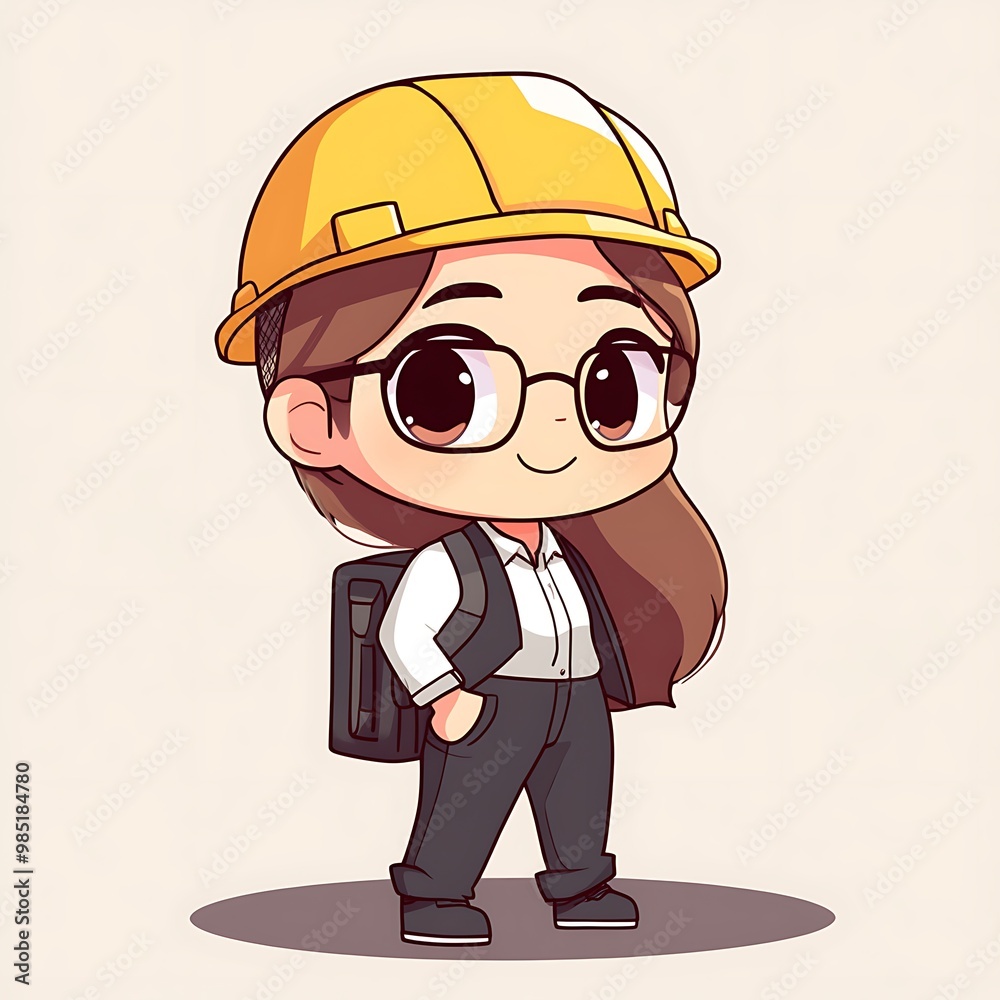 Cute chibi cartoon girl engineer with helmet and backpack Cute chibi cartoon girl engineer with helmet and backpack
