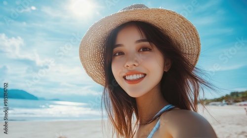 Beautiful young Asian woman in a hat taking selfie on the tropical ocean beach on sunny day. Happy smiling female tourist at the seaside on summer vacation