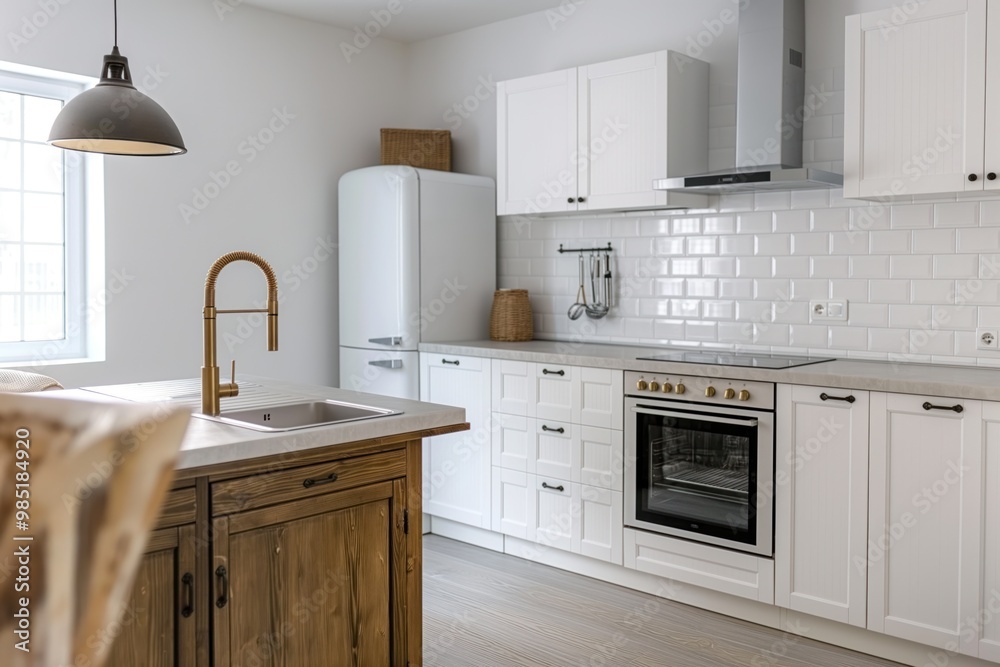 Fototapeta premium Modern kitchen interior with white oven, sink, wooden cabinet, table, chair. Bright from lamp on ceiling adds comfort to room. Cozy atmosphere, modern design, stylish furniture create warm, inviting