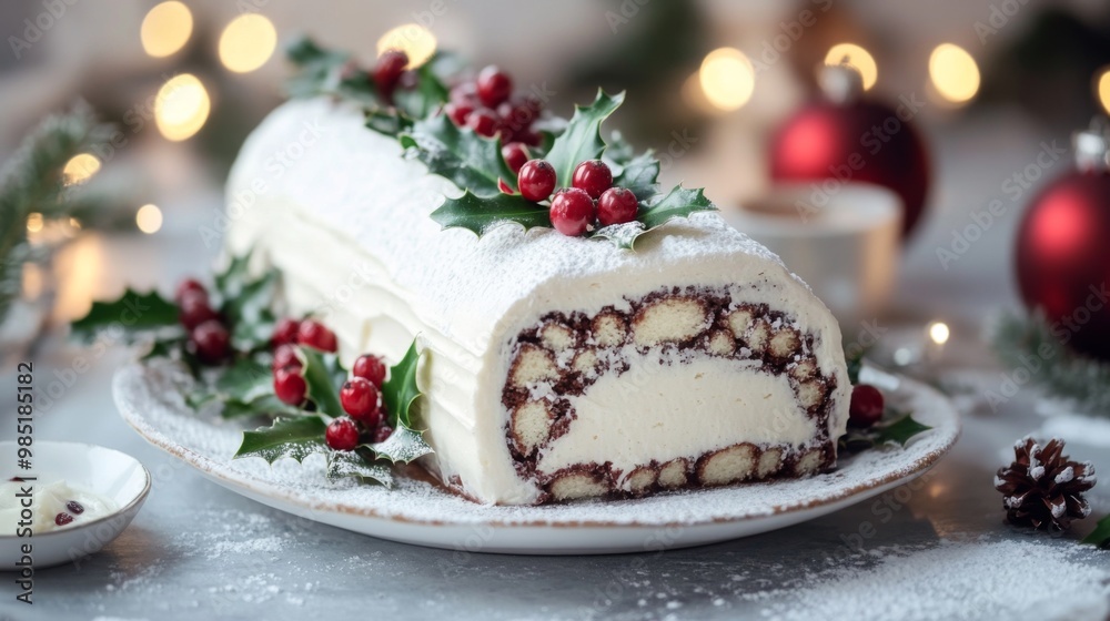 Festive Yule Log Cake with Holly and Powdered Sugar Festive Yule Log Cake with Holly and Powdered Sugar