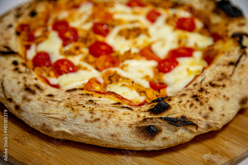 Traditional Brazilian artisan chicken pizza with catupiry cheese. Frango com catupiry