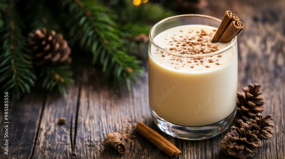 Glass of Eggnog with Cinnamon Sticks and Pine Cones on Wooden Background Glass of Eggnog with Cinnamon Sticks and Pine Cones on Wooden Background