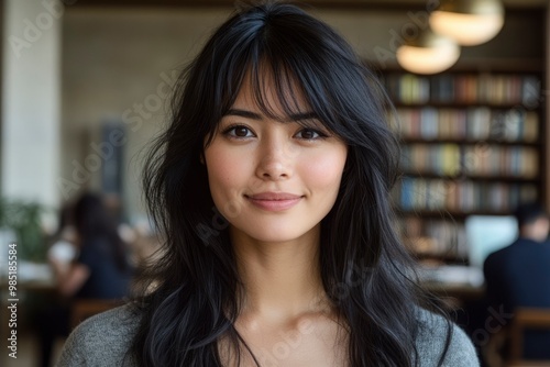 Portrait of a young woman with long black hair and a warm smile