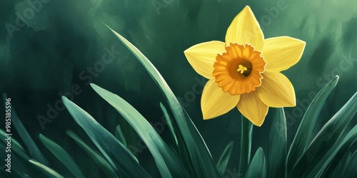 A bright yellow daffodil in full bloom, its petals soft and detailed, surrounded by green leaves photo