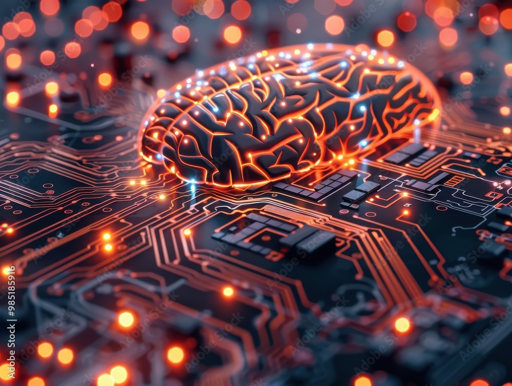 An artificial human brain functioning as a microchip integrated into a computer motherboard, symbolizing high technology and artificial intelligence. An artificial human brain functioning as a microchip integrated into a computer motherboard, symbolizing high technology and artificial intelligence.