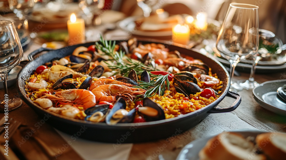 Paella at a festive table, brightly colors Paella at a festive table, brightly colors