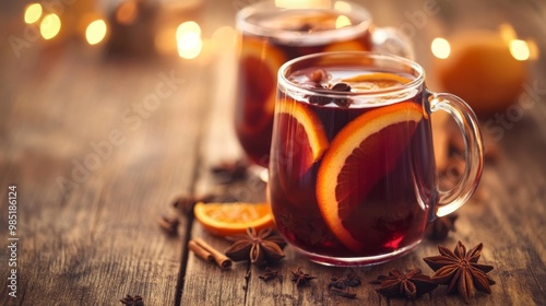 A glass of mulled wine with orange slices and star anise on a wooden table