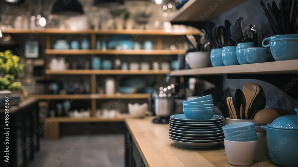 Beautifully organized kitchen section with blue and beige ceramic plates and bowls. Wooden shelves create a cozy atmosphere, perfect for cooking and dining enthusiasts. Beautifully organized kitchen section with blue and beige ceramic plates and bowls. Wooden shelves create a cozy atmosphere, perfect for cooking and dining enthusiasts.