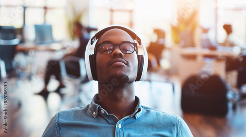 A man wearing noise-canceling headphones appears focused and comfortable, undisturbed by the busy, blurred office environment around him.