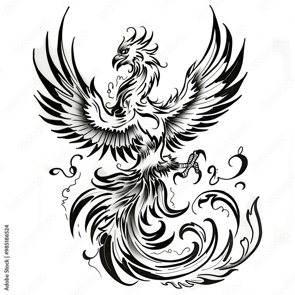 Obraz premium Black, white drawing of majestic phoenix in fantasy theme. Bird depicted in isolation on white background with graphic lines, doodle-like strokes, creating striking artwork for tattoo design