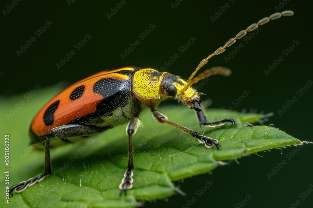 Vibrant orange and black ladybug in mid-flight on green leaf. Wings spread wide, body with black spots, contrasting colors. Lush leaf background slightly blurred from ladybug fast flight. Vibrant orange and black ladybug in mid-flight on green leaf. Wings spread wide, body with black spots, contrasting colors. Lush leaf background slightly blurred from ladybug fast flight.