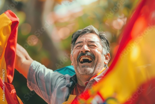 Man stands in verdant landscape with arms outstretched and broad smile. He wears vibrant red shirt contrasting rich green plants. Flag behind him flutters gently in breeze adding festive atmosphere.