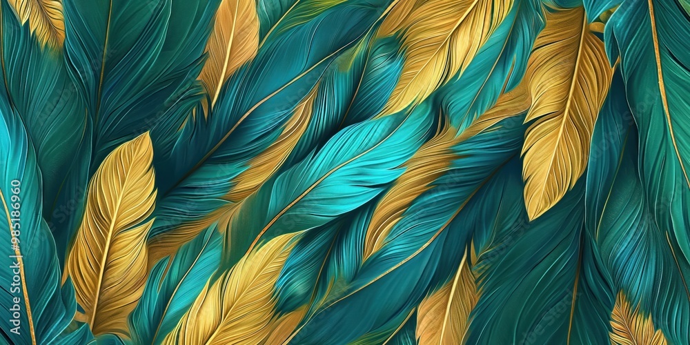 Abstract background features vibrant turquoise and golden feathers pattern texture. Colorful, intricate design combines elements of nature with decorative flair.