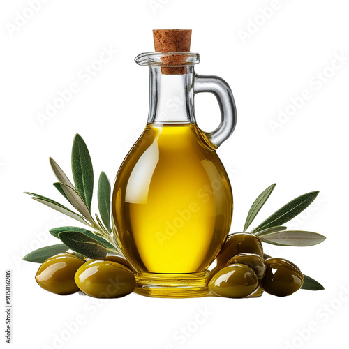  front view close up of olive oil with ingredients isolated on a white transparent background