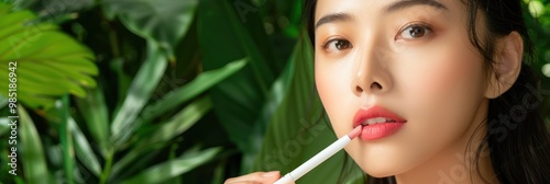 Asian model woman applies pink lip balm on lips from tube in beauty studio promo. Green plant adds natural element to composition with copyspace and face left side of photo.
