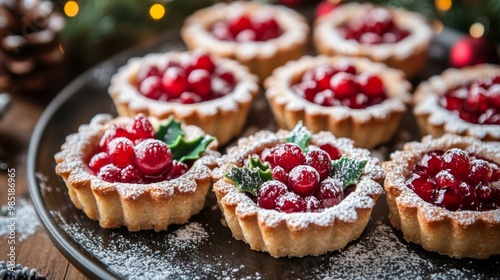 Festive Cranberry Tarts with Powdered Sugar and Holly Leaves