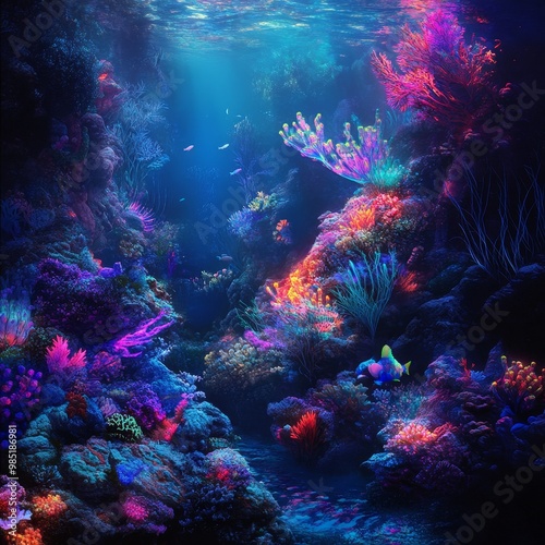 Vibrant Coral Reef Underwater Scene with Luminous Colors