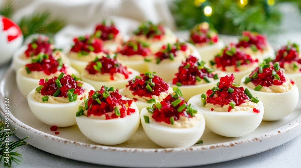 Festive Deviled Eggs Topped with Beet Relish and Chives Festive Deviled Eggs Topped with Beet Relish and Chives