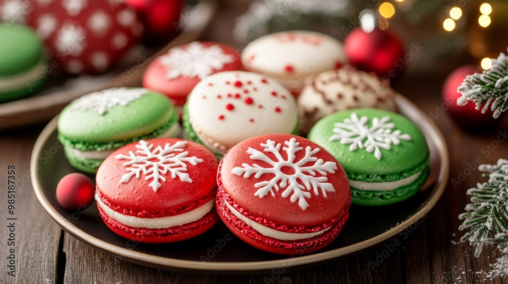 Fototapeta premium Festive Christmas Macarons Decorated with Snowflakes
