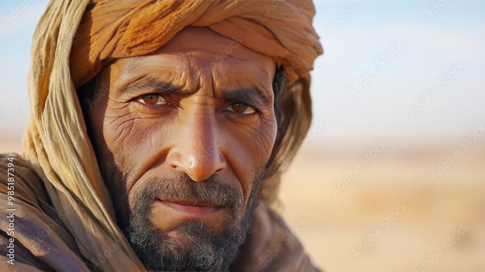 Portrait of a man residing in a dry desert landscape, capturing resilience and adaptation Portrait of a man residing in a dry desert landscape, capturing resilience and adaptation