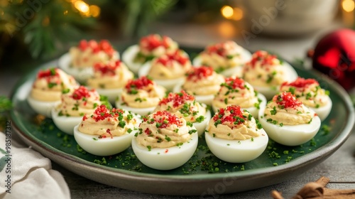 Festive Deviled Eggs with Red Sprinkles and Parsley