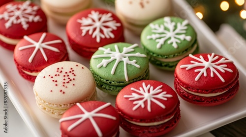 Festive Macarons with Snowflake Designs in Red, Green, and White