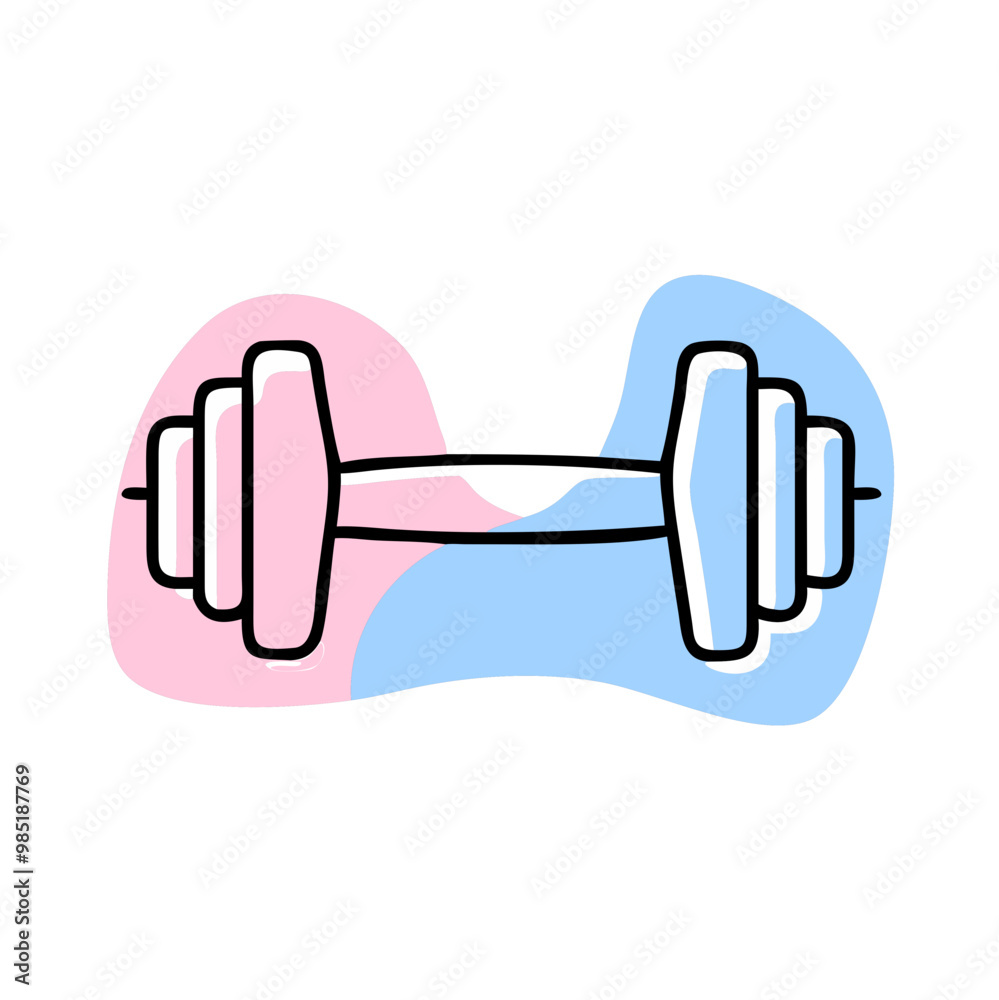 Obraz premium A cartoon image of a dumbbell with pink and blue accents. The dumbbell is drawn in a way that it looks like it is lifting something. The image has a playful and fun mood