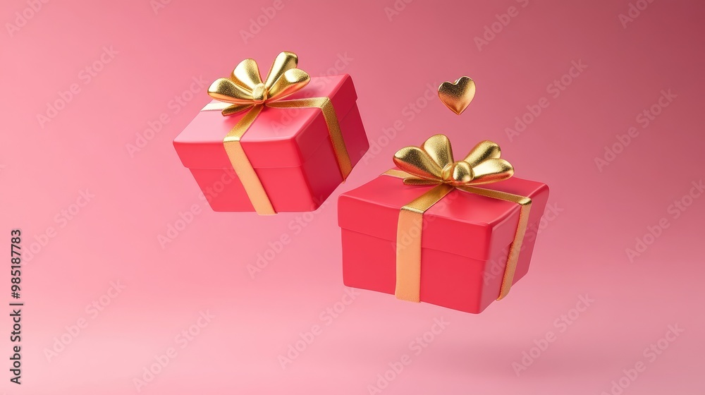 Two red gift boxes with gold ribbons and a golden heart floating on a pink background. Two red gift boxes with gold ribbons and a golden heart floating on a pink background.