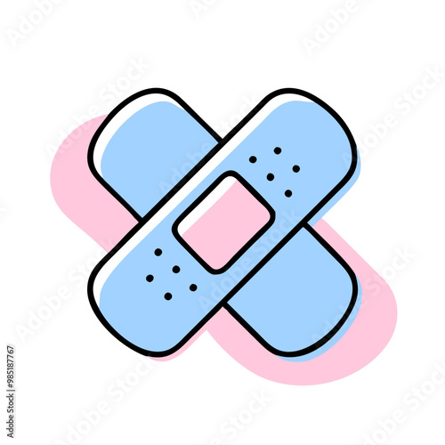 A blue and pink bandage with a white border is displayed on a white background. The bandage is designed to be cute and playful, with a touch of whimsy. The blue and pink colors are bright and cheerful