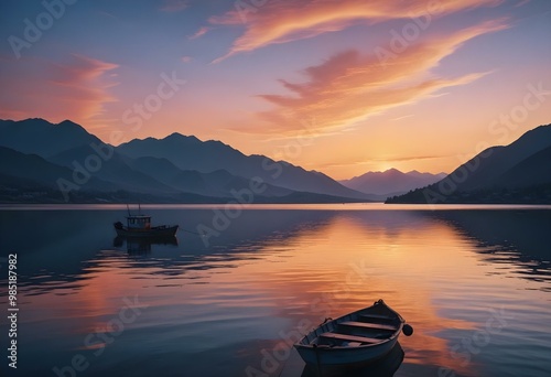 A small fishing boat on a calm body of water at sunset, with mountains in the background