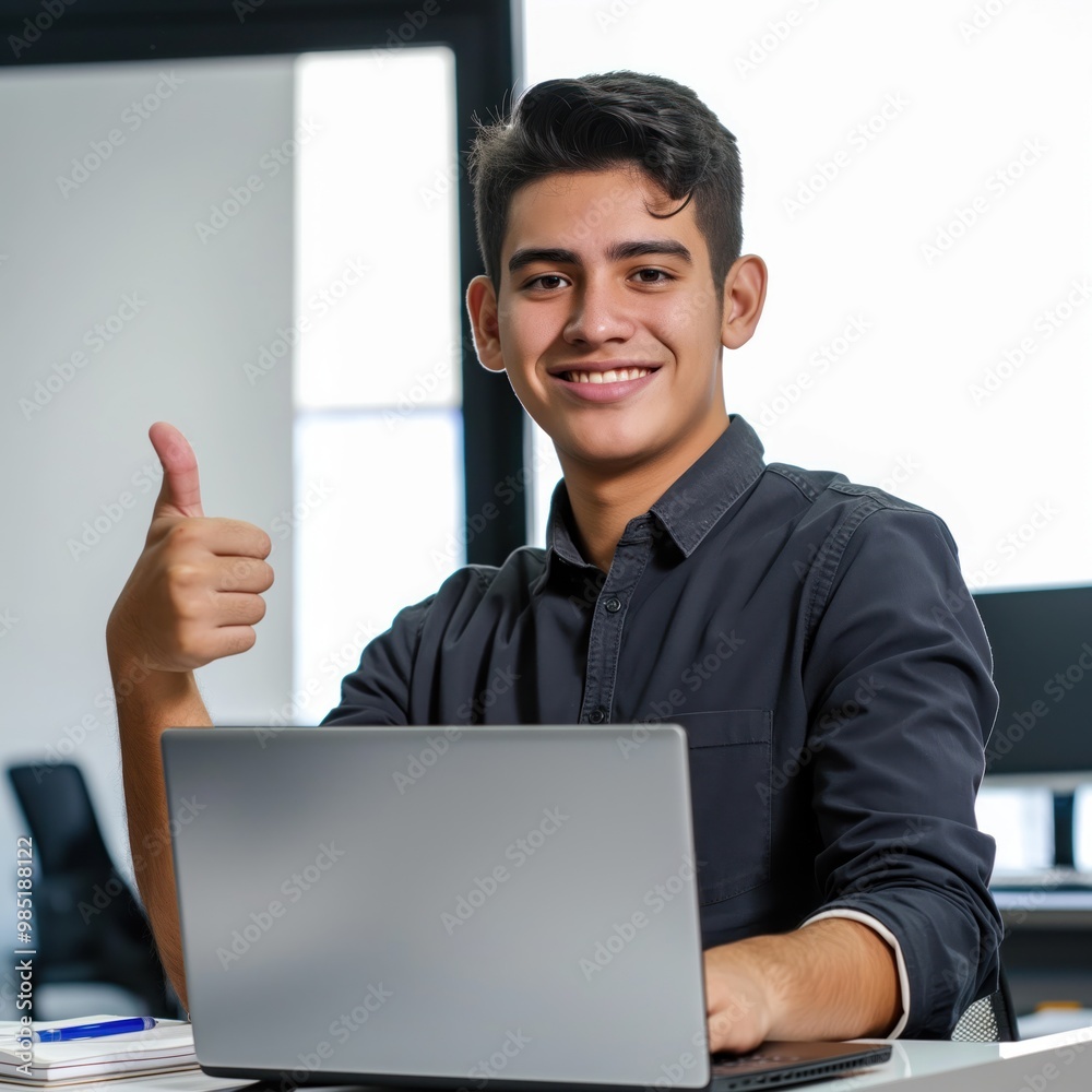 Young hispanic business man works on laptop with a smile. He happy and positive, giving a thumbs up of approval. Professional, photogenic, and confident. Young hispanic business man works on laptop with a smile. He happy and positive, giving a thumbs up of approval. Professional, photogenic, and confident.