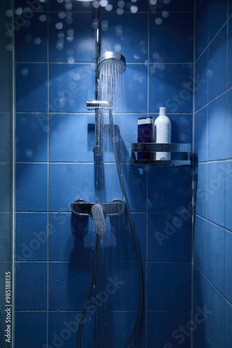 Shower with flowing water in the bathroom, shower head, image of water coming out, dark blue background.
