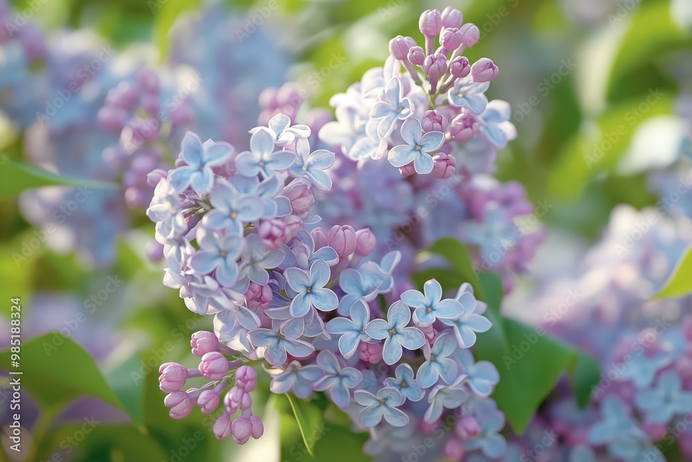 Close-up of lilac flowers in bloom. Purple blossoms with green leaves and branches. Common lilac plant in garden setting. Outdoor flora in growth stage. Close-up of lilac flowers in bloom. Purple blossoms with green leaves and branches. Common lilac plant in garden setting. Outdoor flora in growth stage.