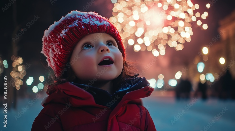 A child s awe experiencing their first new year fireworks in a snowy park of wonder and delight A child s awe experiencing their first new year fireworks in a snowy park of wonder and delight