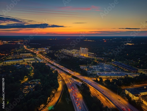 Aerial view of Gaithersburg cityscape illuminated at sunset. Busy highway, Maryland urban landscape, city buildings, houses, landmarks stand out against darkening sky. Cloudy horizon contrasts with