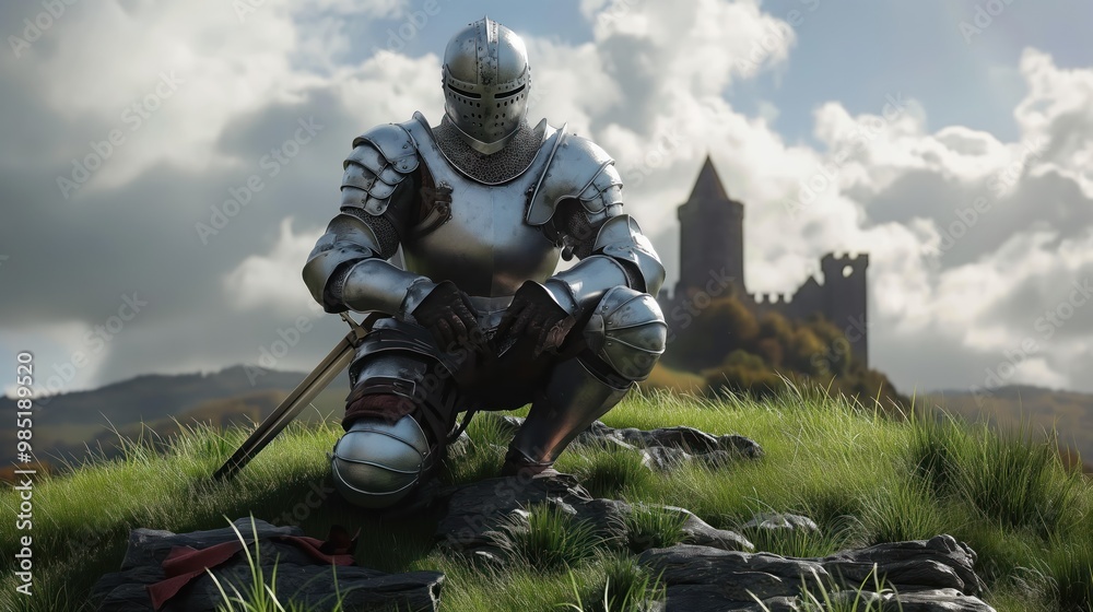 Medieval knight in full armor kneels on a grassy hill overlooking a distant castle. Helmet and shield adorn his heroic figure. He stands tall, ready for battle. Medieval knight in full armor kneels on a grassy hill overlooking a distant castle. Helmet and shield adorn his heroic figure. He stands tall, ready for battle.