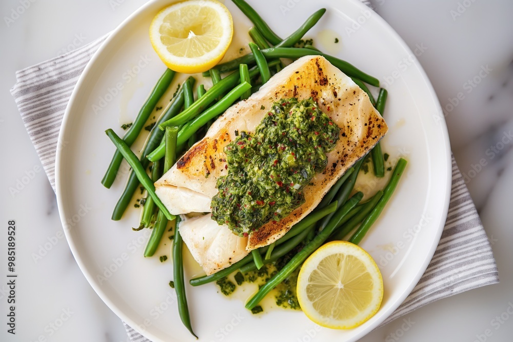 Halibut fish on white plate with chimichurri sauce, green beans, lemon on marble table. Fresh dill adds flavor to dish. Delightful meal ready to eat. Healthy dinner option with vegetables, protein. Halibut fish on white plate with chimichurri sauce, green beans, lemon on marble table. Fresh dill adds flavor to dish. Delightful meal ready to eat. Healthy dinner option with vegetables, protein.