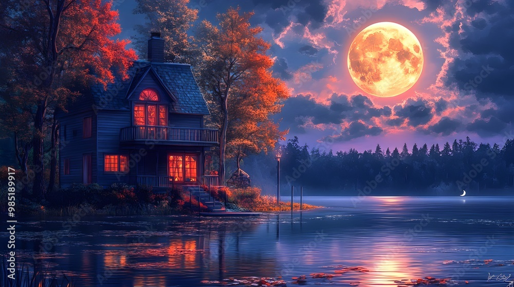 Fototapeta premium Moonlit night painting of house by tranquil lake image