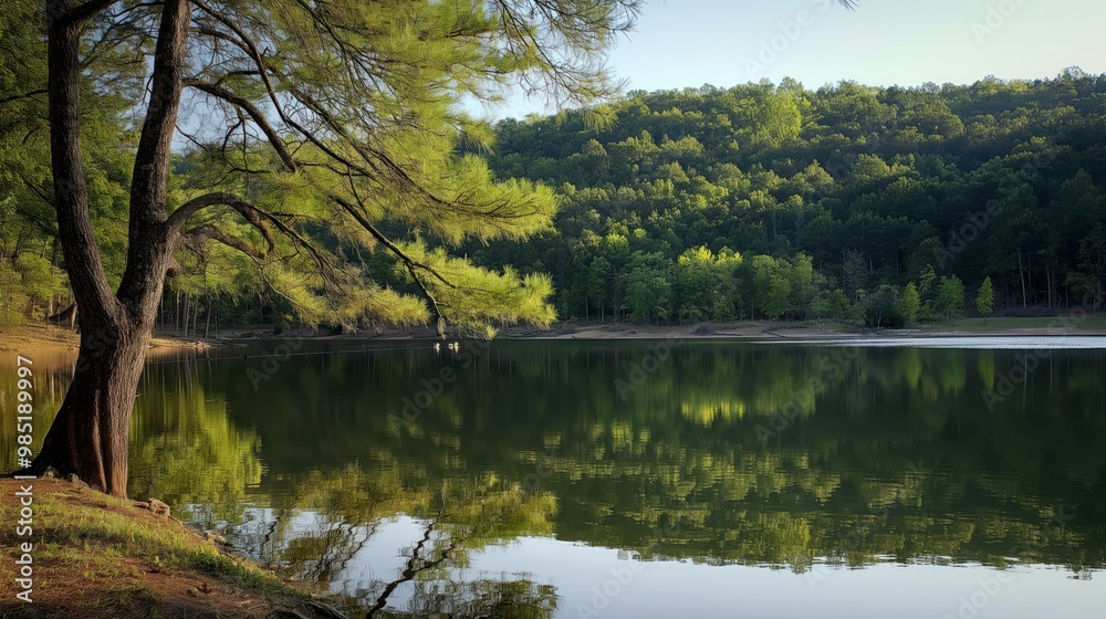 Scenic lake landscape with forest reflection. Broken Bow lake water in Hochatown, Oklahoma. Trees and mountains surround serene blue waters. Green forest and blue sky create natural beauty.