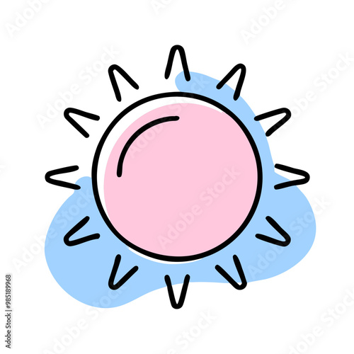 A cartoon sun with a pinkish glow. The sun is drawn in a stylized way, with a lot of detail and shading. Scene is cheerful and bright, as the sun is a symbol of warmth and happiness