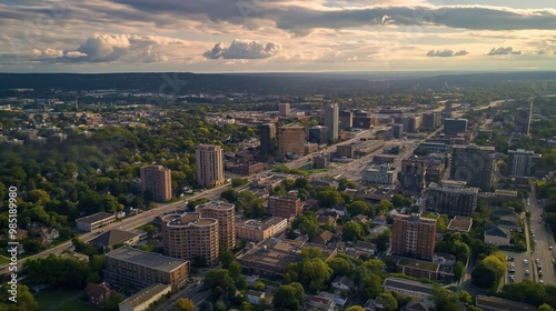 Aerial view of Hamilton cityscape, Ontario, Canada. Tall skyscrapers, buildings dominate landscape. Residential areas, downtown district in foreground. Highway, road network connects city. Lake