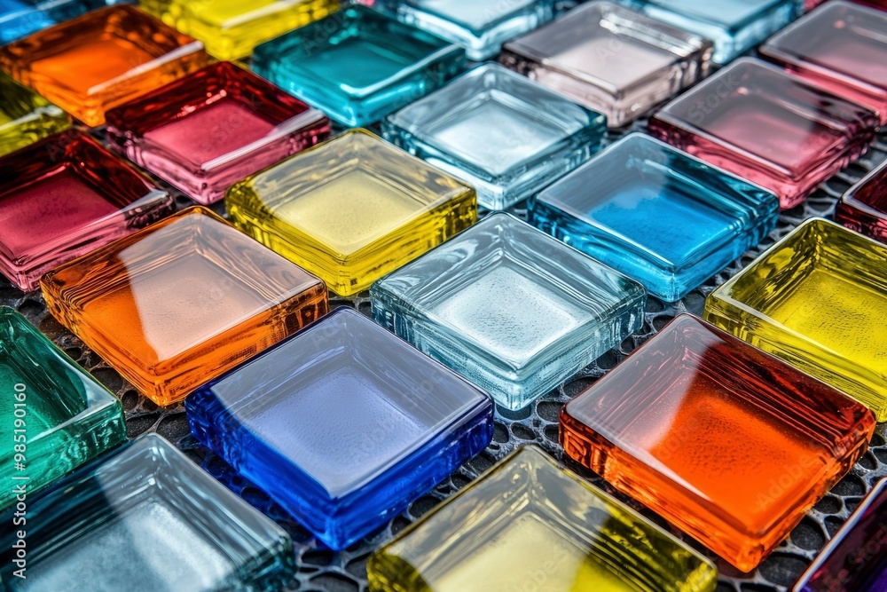 Colorful Glass Tiles Arranged in a Pattern on a Black Surface Colorful Glass Tiles Arranged in a Pattern on a Black Surface