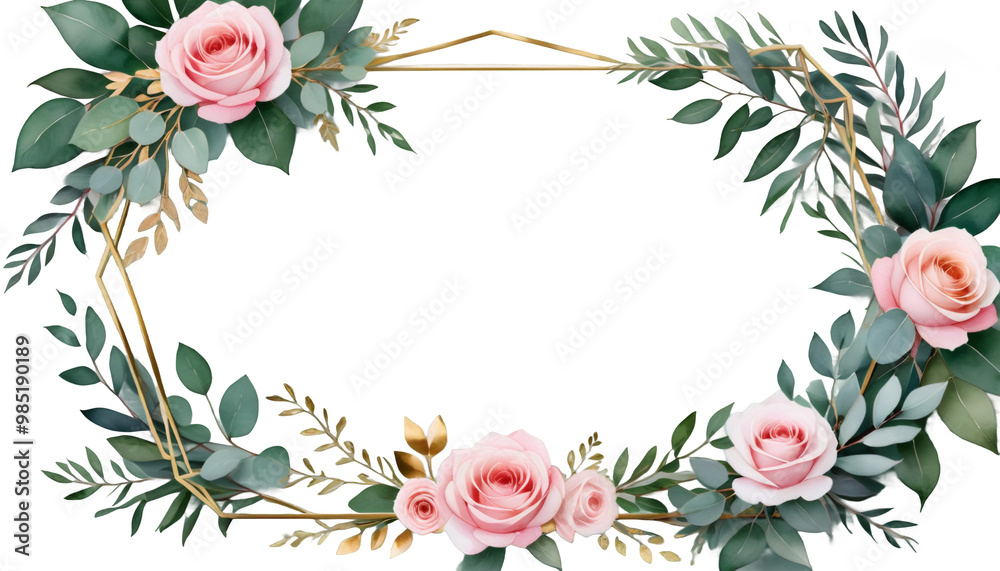 watercolor background leaves greetings fashion branches shape roses flowers pink geometric wallpapers eucalyptus gold green dding wreath floral leaves frame invites art background border botanical