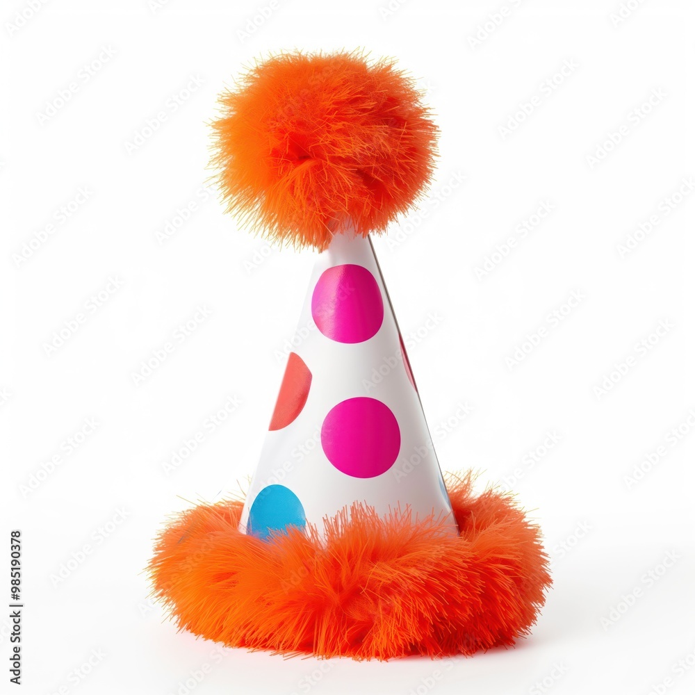 Bright colorful party hat with fluffy pom-pom isolated on white background. Festive accessory for birthday celebrations, stylish decoration for kids, adults. Happy holiday, joyful event, fun occasion. Bright colorful party hat with fluffy pom-pom isolated on white background. Festive accessory for birthday celebrations, stylish decoration for kids, adults. Happy holiday, joyful event, fun occasion.