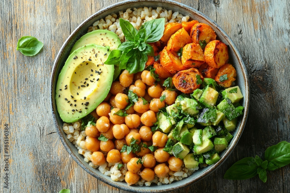 Bowl of Chickpeas, Roasted Sweet Potatoes, Avocado, and Barley Bowl of Chickpeas, Roasted Sweet Potatoes, Avocado, and Barley