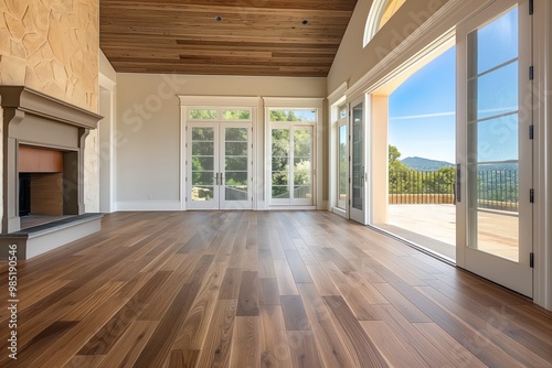 Wallpaper Mural Elegant room features expansive wood flooring and large windows. Luxurious space with bright, sunlit atmosphere, inviting and airy. Modern design with polished wooden accents and natural textures. Torontodigital.ca