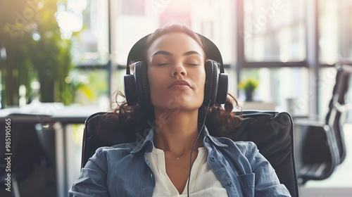Man wearing noise-canceling headphones, focused and relaxed in a busy office environment, symbolizing the concept of noise cancellation and productivity enhancement photo