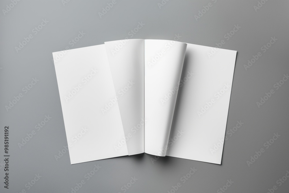 Grey background with stacked blank paper sheets for brochure mock up. Top view of empty pages, design space for printing and publishing. Layout for business card, catalog, pamphlet, and booklet. Grey background with stacked blank paper sheets for brochure mock up. Top view of empty pages, design space for printing and publishing. Layout for business card, catalog, pamphlet, and booklet.