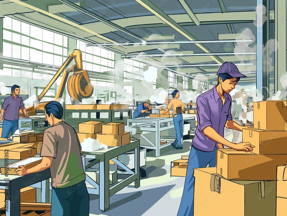 Industrial factory scene with workers operating machinery, computers and equipment. Modern technology and digital tools used in manufacturing process. Factory workers in action, performing tasks. Industrial factory scene with workers operating machinery, computers and equipment. Modern technology and digital tools used in manufacturing process. Factory workers in action, performing tasks.