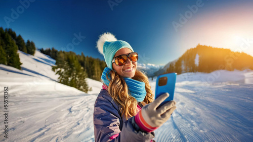 Happy beautiful woman taking a selfie hike
 photo